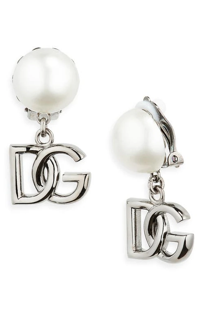 Dolce & Gabbana DG Logo Imitation Pearl Drop Earrings in Ruthenium at Nordstrom