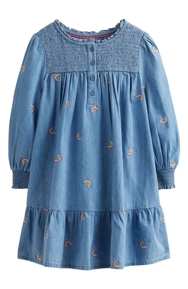 Mini Boden Kids' Embroidered Shirred Dress in Scattered Rainbow Embroidery at Nordstrom, Size 7-8Y