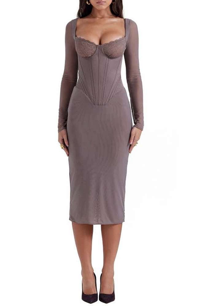 HOUSE OF CB Safran Long Sleeve Midi Dress Mocha at Nordstrom, A