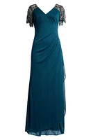 Xscape Evenings Beaded Sleeve Ruched Column Gown at Nordstrom,