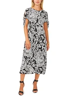 Chaus Print Tie Waist Split Sleeve Midi Dress Black/White at Nordstrom,