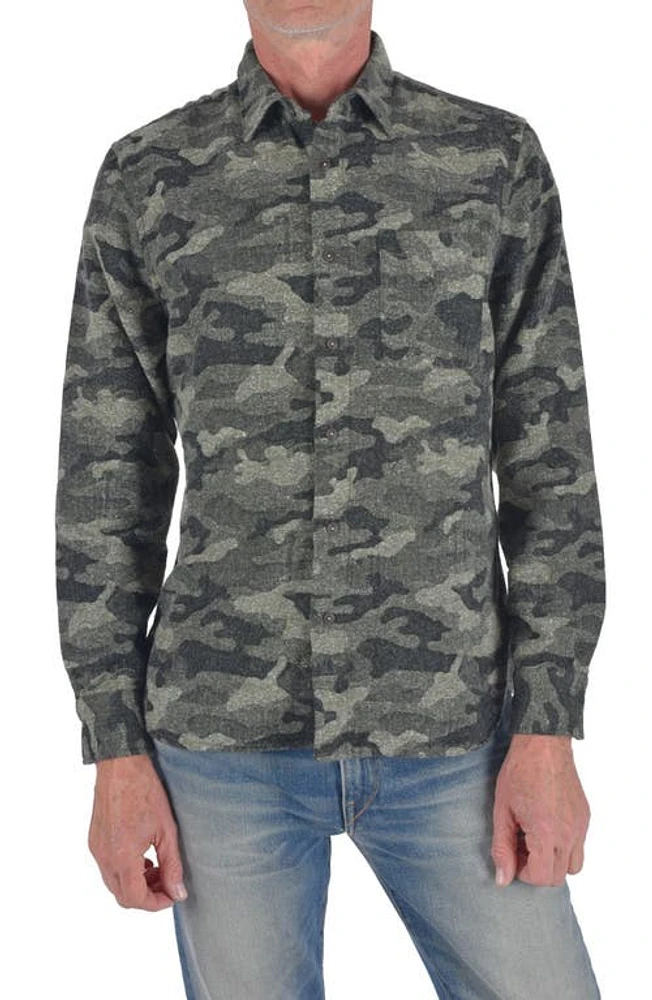 HIROSHI KATO The Ripper Slim Fit Camouflage Brushed Button-Up Shirt in Military Green at Nordstrom, Size Small