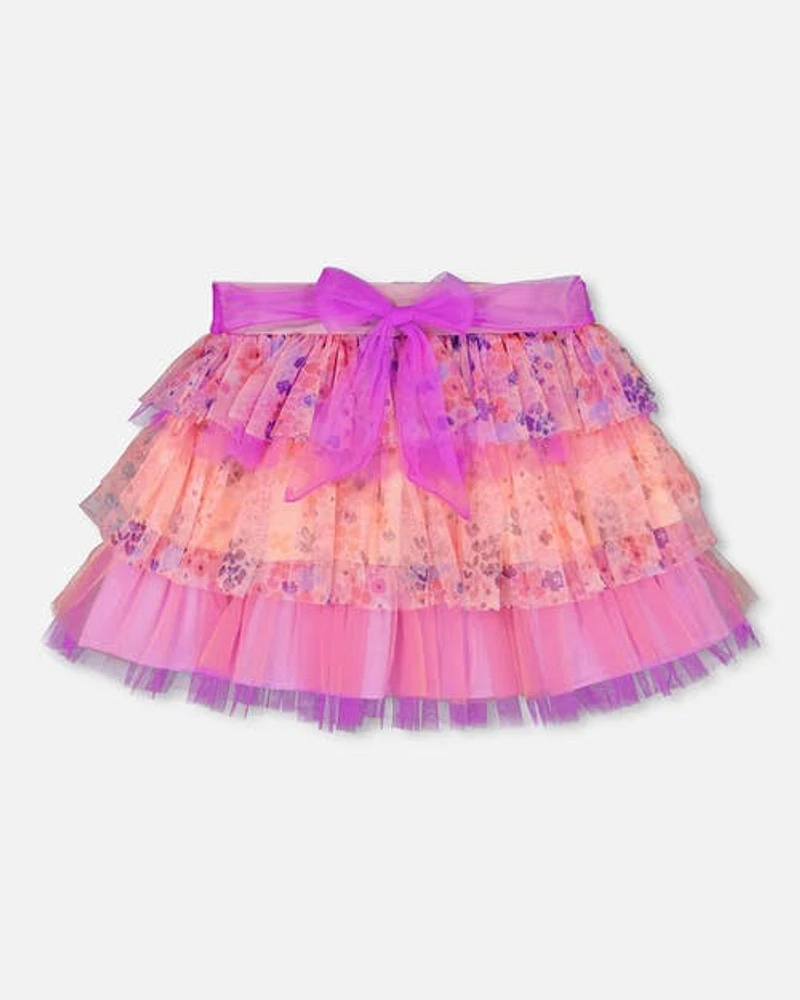 Deux Par Deux Girl's Ruffle Tulle Mesh Skirt Lavender Printed Fields Flowers in Lavender Fields Flowers at Nordstrom, Size 10