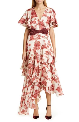 Johanna Ortiz Toile Palm Print Asymmetrical Georgette Midi Dress in Sangria/Ecru at Nordstrom, Size 6