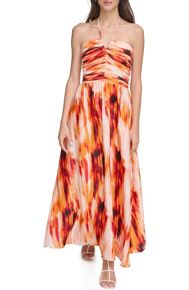 DKNY Tie Dye Halter Neck Satin Maxi Dress Orange Blossom Multi at Nordstrom,