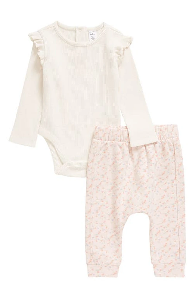 Nordstrom Waffle Bodysuit & Pants Set in Pink Dew Ditsy Daisy at Nordstrom, Size Newborn