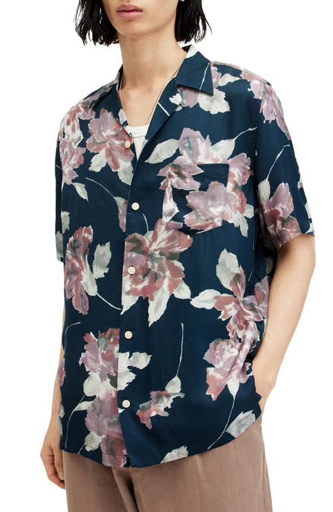 AllSaints Zinnia Short Sleeve Button-Up Shirt Admiral Blue at Nordstrom,