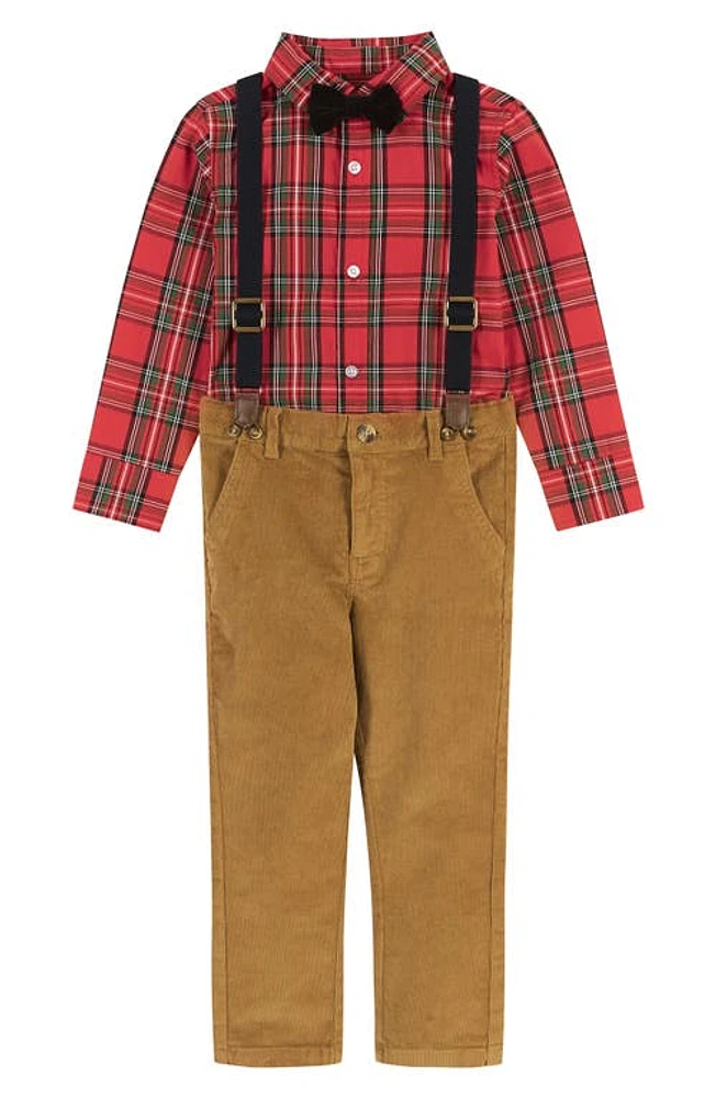 Andy & Evan Kids' Plaid Flannel Shirt, Suspender Pants Bow Tie Set Red at Nordstrom,