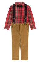 Andy & Evan Kids' Plaid Flannel Shirt, Suspender Pants Bow Tie Set Red at Nordstrom,