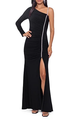 Xscape Evenings One-Shoulder Rhinestone Trim Gown Black/Silver at Nordstrom,