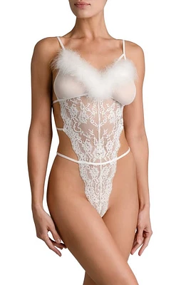 Bloom by Jonquil Hope Strappy Feather Trim Lace Teddy Ivory at Nordstrom,