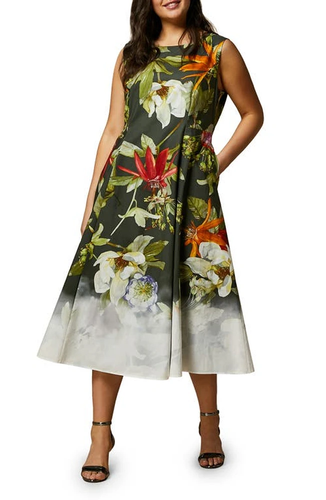 Marina Rinaldi Trento Placed Floral Sleeveless Cotton Poplin Dress Black/Kaki Big Flower at Nordstrom,