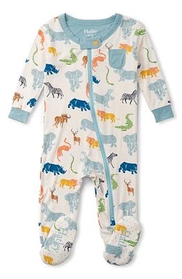 Hatley Safari Print Zip-Up Footie Ivory Orange Blue at Nordstrom,