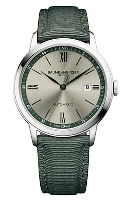 Baume & Mercier Classima 10696 Automatic Canvas Strap Watch, 42mm in Silver at Nordstrom