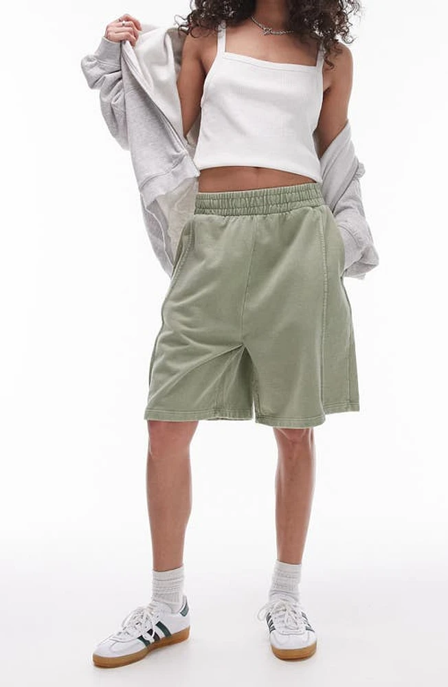 Topshop Washed Longline Cotton Shorts Light Green at Nordstrom,