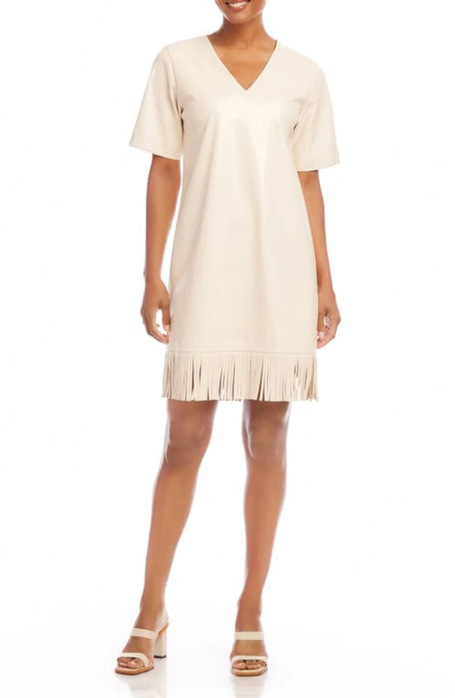 Karen Kane Fringe Trim Faux Leather Minidress Ecru at Nordstrom,