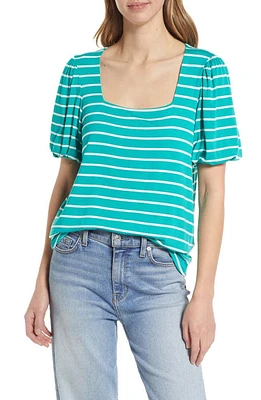 GIBSONLOOK Stripe Puff Sleeve Square Neck T-Shirt Jade/Ivory at Nordstrom,