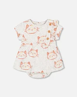 Deux Par Deux Baby Girl's Organic Cotton Printed Romper Heather Beige With Printed Cat in Heather Beige Printed Cat at Nordstrom