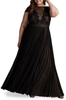 Tadashi Shoji Sequin & Lace Bodice Pleated A-Line Gown Black/Nude at Nordstrom,