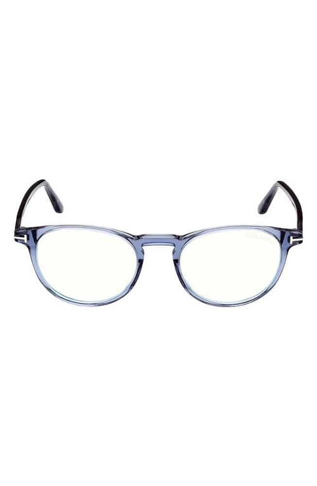 TOM FORD 51mm Round Blue Light Blocking Optical Glasses in Shiny Blue at Nordstrom