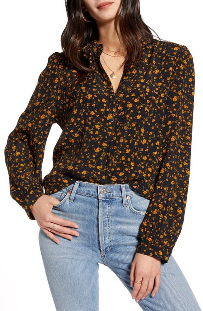 Treasure & Bond Deep Placket Popover Top in Black Ditsy Print at Nordstrom, Size Xx-Small