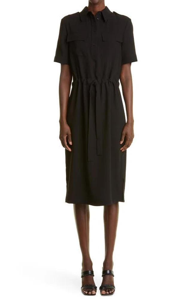 St. John Collection Drawstring Waist Crepe Midi Shirtdress Black at Nordstrom,