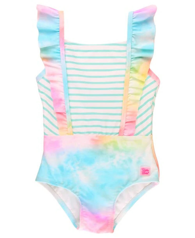 RuffleButts Baby UPF50+ Pinafore One Piece in Rainbow Tie Dye at Nordstrom