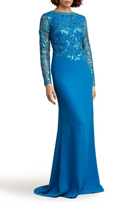 Tadashi Shoji Sequin Lace Long Sleeve Crepe Gown Deep Ocean at Nordstrom,