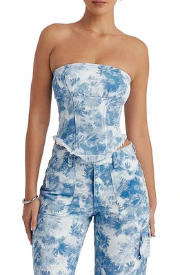 Mistress Rocks Floral Strapless Denim Corset Top Blue at Nordstrom,