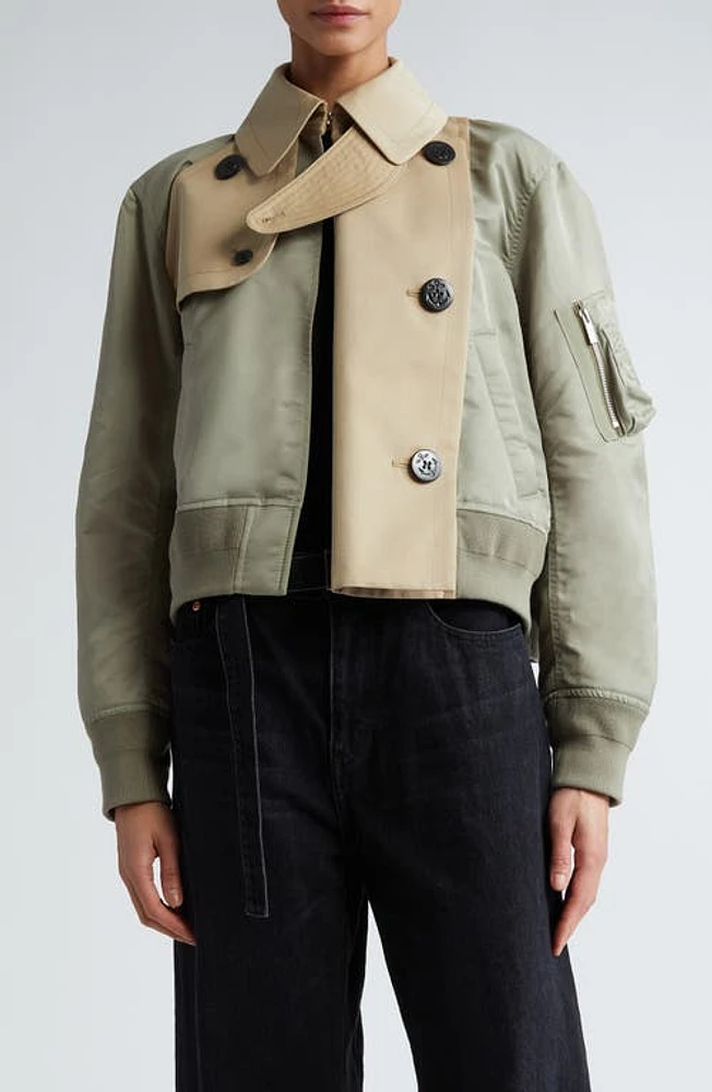 Sacai Nylon Twill & Cotton Blend Gabardine Trench Bomber Jacket Beige X L/Khaki at Nordstrom,