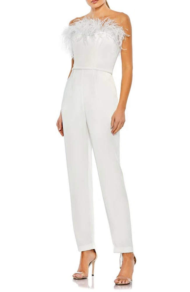 Ieena for Mac Duggal Feather Trim Strapless Jumpsuit at Nordstrom,