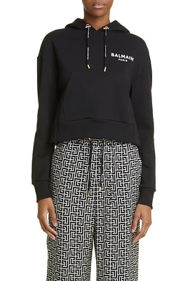 Balmain Flocked Logo Cotton Crop Hoodie Eab Black/White at Nordstrom,