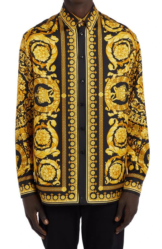 Versace Barocco Silk Button-Up Shirt Black Gold at Nordstrom, Us