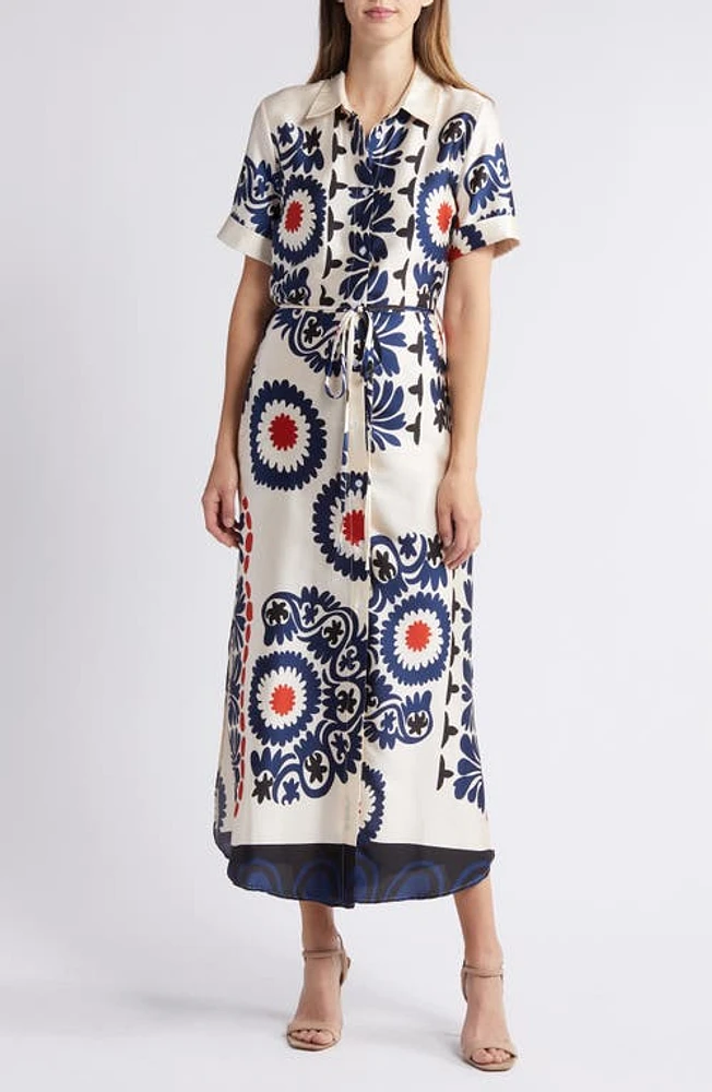 MELLODAY Abstract Floral Satin Shirtdress Bone/Navy Print at Nordstrom,