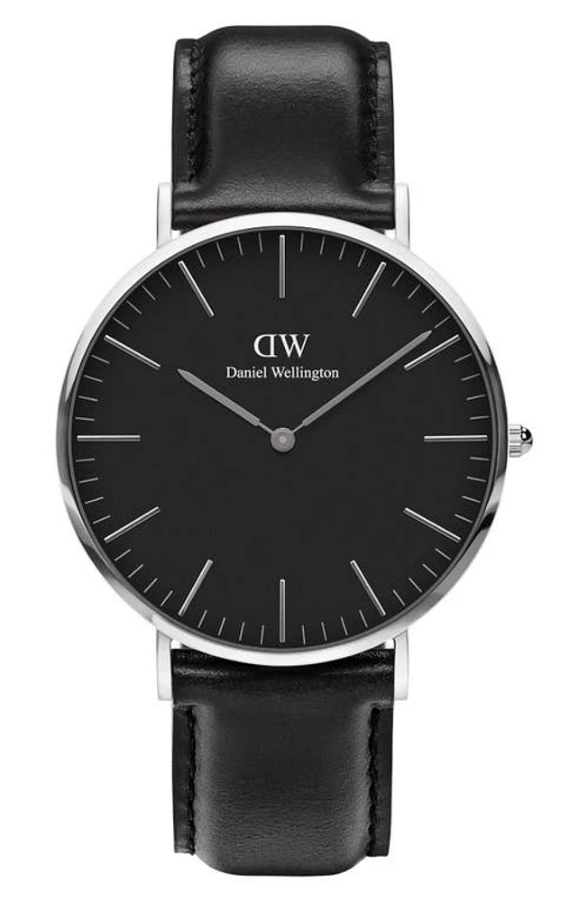 Daniel Wellington Classic Sheffield Leather Strap Watch, 40mm in Silver/Black at Nordstrom