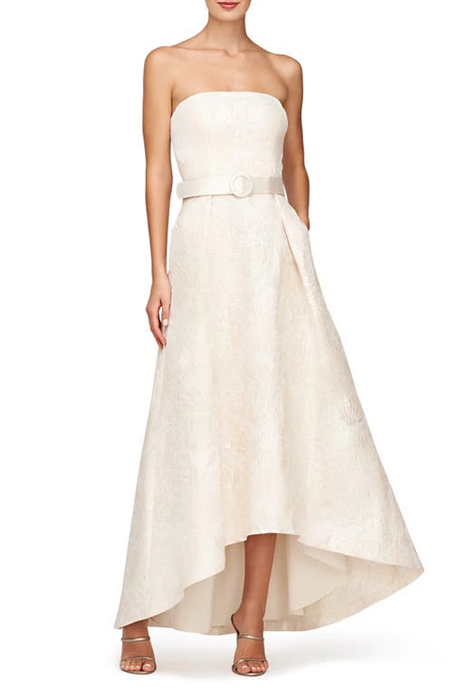 Kay Unger Bella Floral Jacquard Belted High-Low Gown Ivory at Nordstrom,