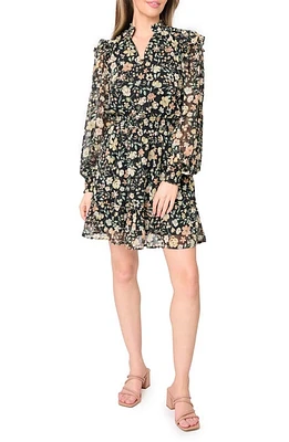 GIBSONLOOK Daphne Long Sleeve Button Front Minidress Black Multi Floral at Nordstrom,