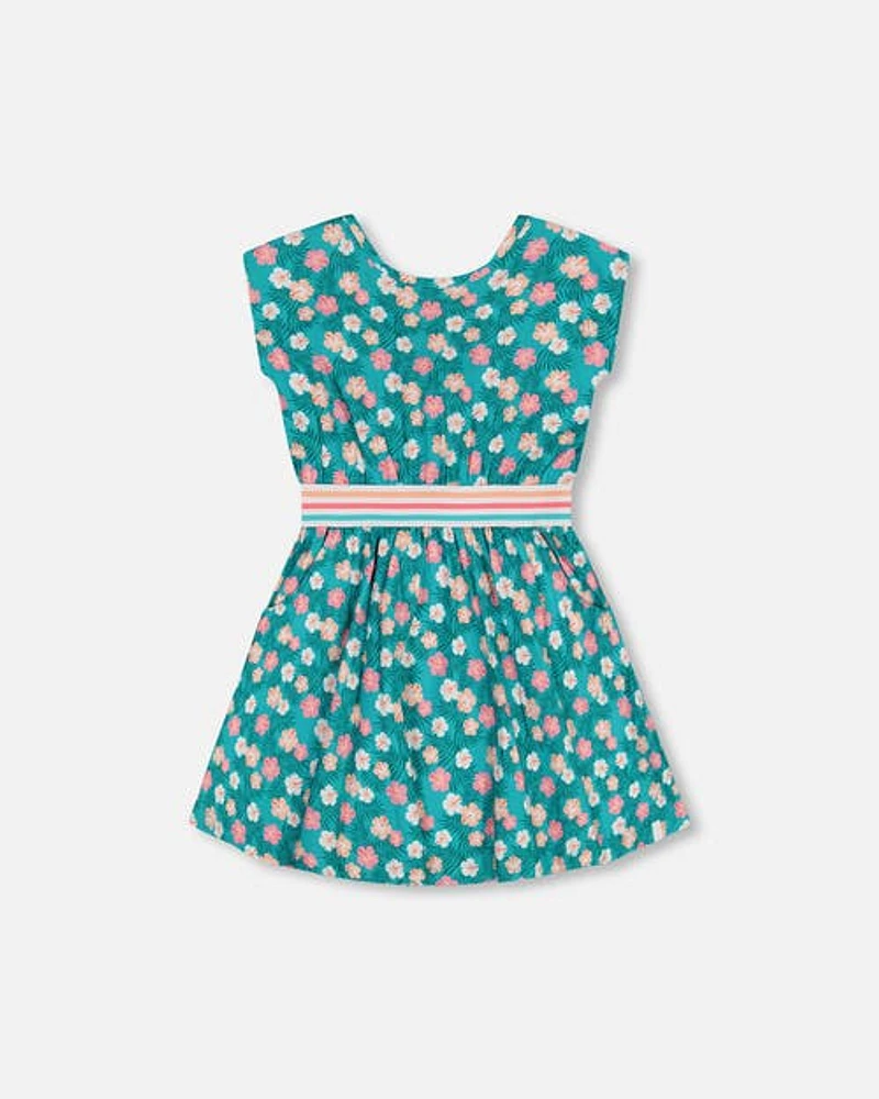 Deux Par Deux Little Girl's Striped Elastic Waist Viscose Dress Turquoise Printed in Printed Small Ibiscus at Nordstrom