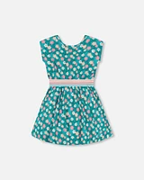 Deux Par Deux Little Girl's Striped Elastic Waist Viscose Dress Turquoise Printed in Printed Small Ibiscus at Nordstrom