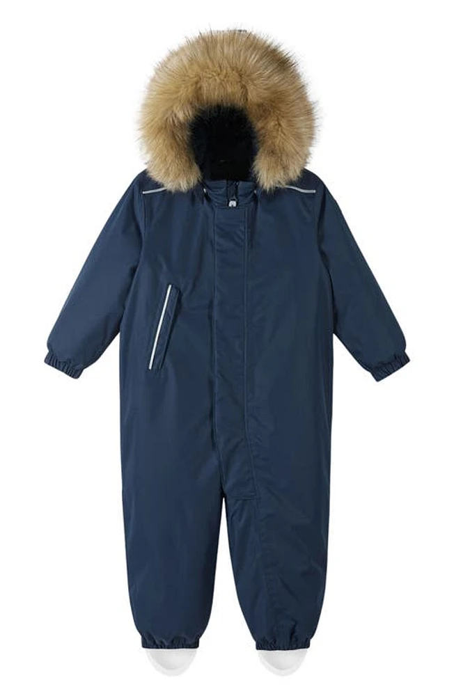 Reima tec Gotland Waterproof Insulated Snow Bib Overalls with Faux Fur Trim in Navy at Nordstrom, Size 12-18M