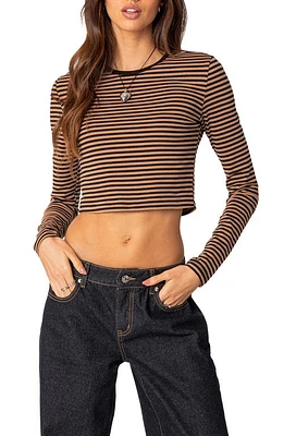 EDIKTED Montie Stripe Long Sleeve Stretch Cotton Crop Top Brown at Nordstrom,