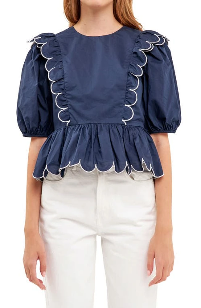 English Factory Contrast Scalloped Trim Cotton Top Navy/White at Nordstrom,