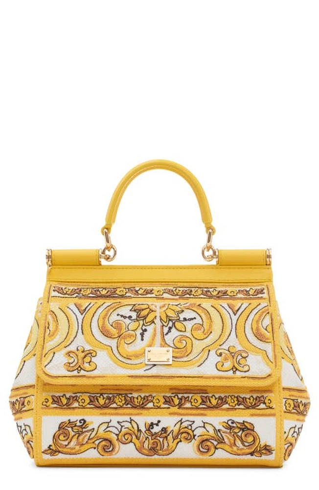 Dolce & Gabbana Sicily Majolica Embroidered Canvas Satchel in Azulejos Giallo at Nordstrom