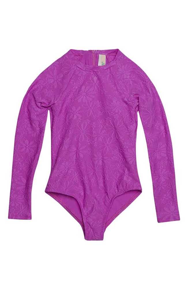 Hobie Kids' Long Sleeve Jacquard One-Piece Rashguard Swimsuit Violet at Nordstrom,