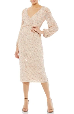 Mac Duggal Sequin Long Sleeve Cocktail Midi Dress Nude at Nordstrom,