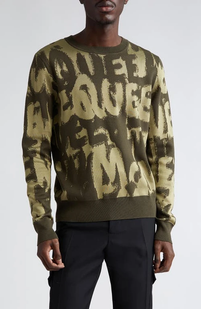 Alexander McQueen Shadow Graffiti Logo Wool Blend Sweater Khaki Green at Nordstrom,