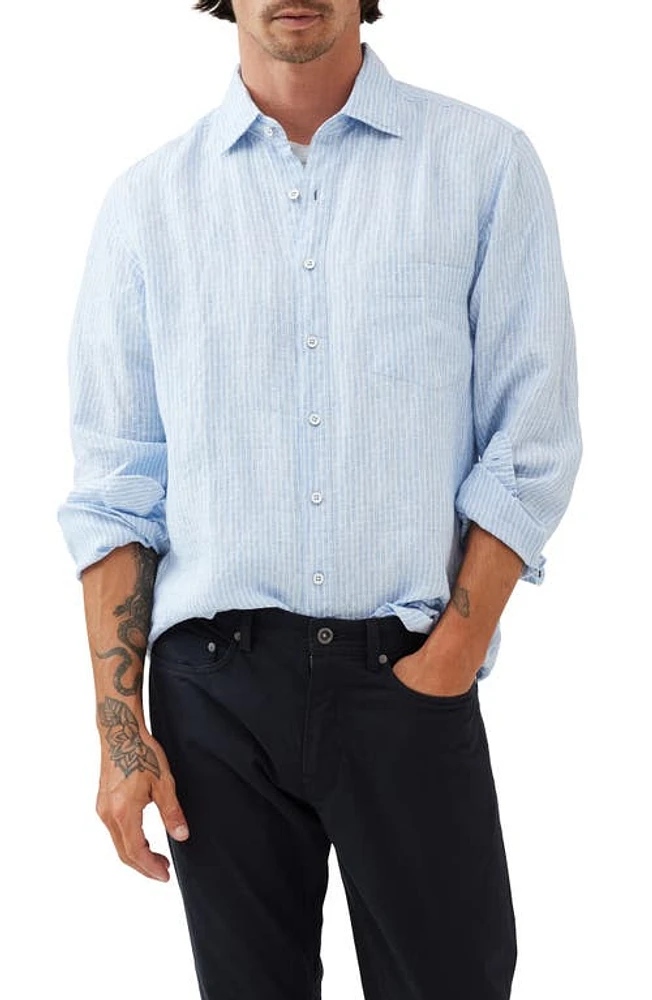 Rodd & Gunn Harvest Avenue Sports Fit Dobby Pinstripe Linen Button-Up Shirt Sky at Nordstrom,