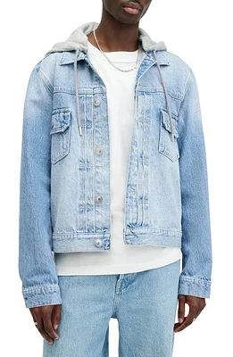 AllSaints Spirit Denim Jacket with Removable Jersey Hood Indigo Blue at Nordstrom,