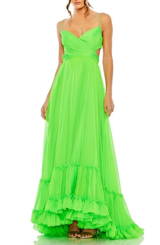 Mac Duggal Ruched Sleeveless Tiered Gown Lime at Nordstrom,