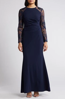 Eliza J Sequin Embroidered Long Sleeve Gown Navy at Nordstrom,